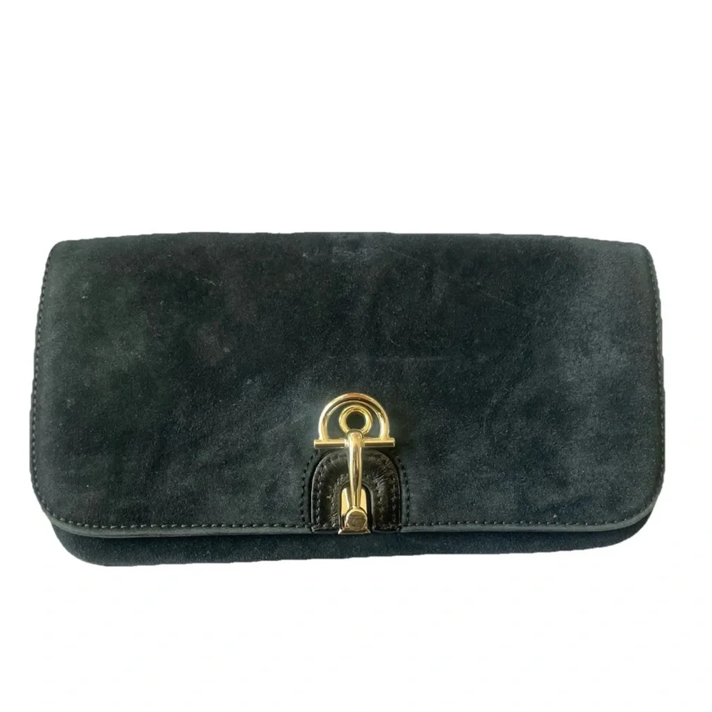 Talbots Black Genuine Suede Horsebit Clutch Handbag Purse Gold Clasp Classic Bag